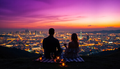 Fototapeta premium A romantic couple sits on a hilltop, overlooking a glowing city skyline at twilight, sharing a peaceful and intimate Valentine's Day moment.