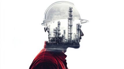 Naklejka premium Industrial Worker with Cityscape Overlay Concept