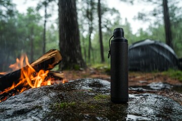 Obraz premium Rainy forest scene; fire, speaker, wet rock.