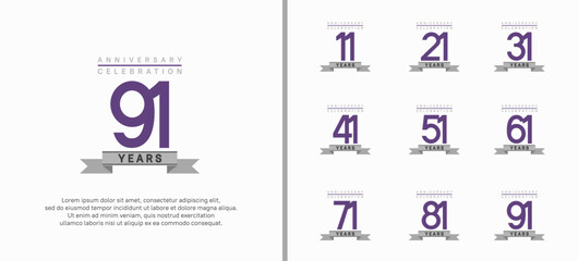 anniversary logo set. vector design with purple color and gray ribbon can be use for celebration