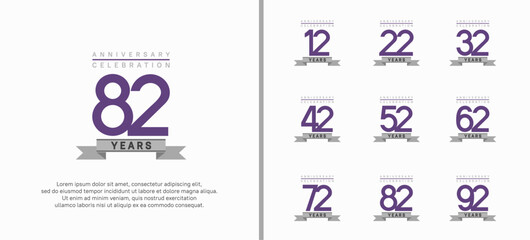 anniversary logo set. vector design with purple color and gray ribbon can be use for celebration