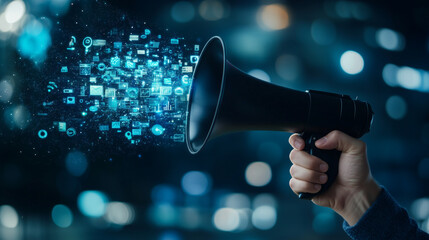 Close-up of a hand gripping a sleek black megaphone, projecting an abstract collage of swirling patterns, digital icons, and striking typography into the air.