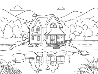 Lake House Coloring Page: Serene Lakeside Cottage Amidst Rolling Hills