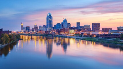 Fototapeta premium Cityscape at sunset reflected in river.