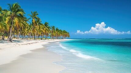Palm trees line pristine tropical beach with turquoise water