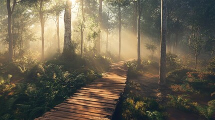 Fototapeta premium A serene forest pathway illuminated by soft light, inviting exploration and tranquility.