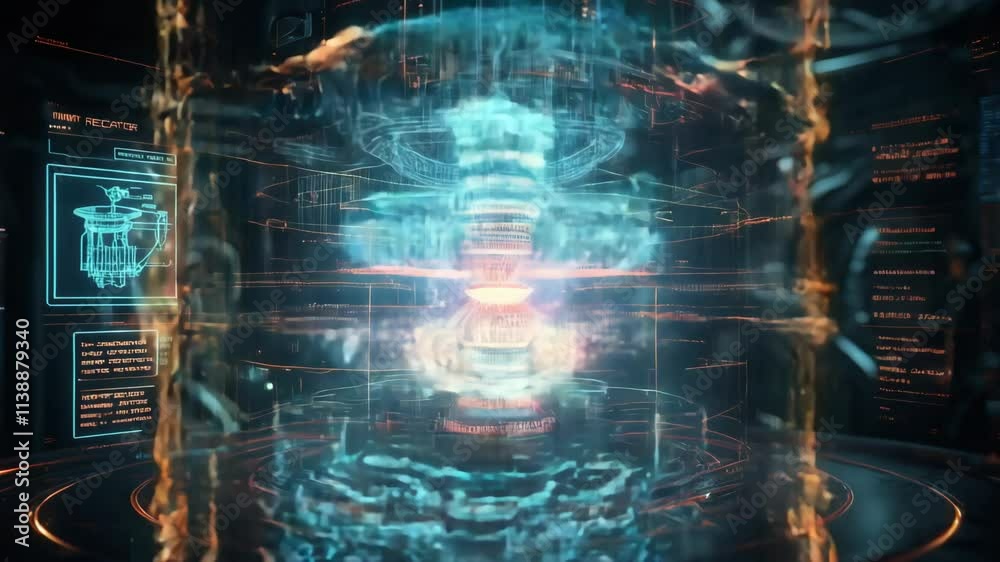 Wall mural activating blue energy core showcases technical blueprints and information on a digital user interfa