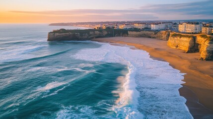Naklejka premium A serene coastal view at sunset with waves crashing on a sandy beach and cliffs.