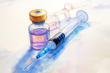Close up of a syringe drawing vaccine from a glass vial for medical use and administration