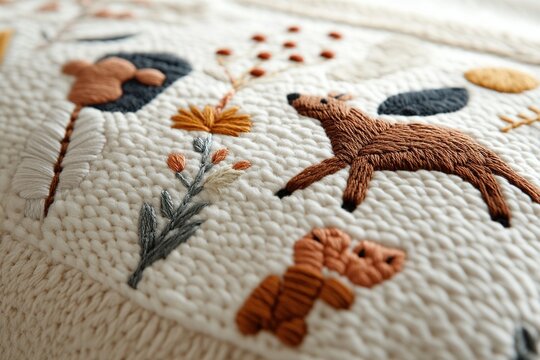 Cute animals and floral designs in colorful embroidery displayed on a textured fabric surface