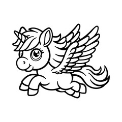 fun cartoon character of flying unicorn isolated drawing line art style sketch classic vintage design illustration