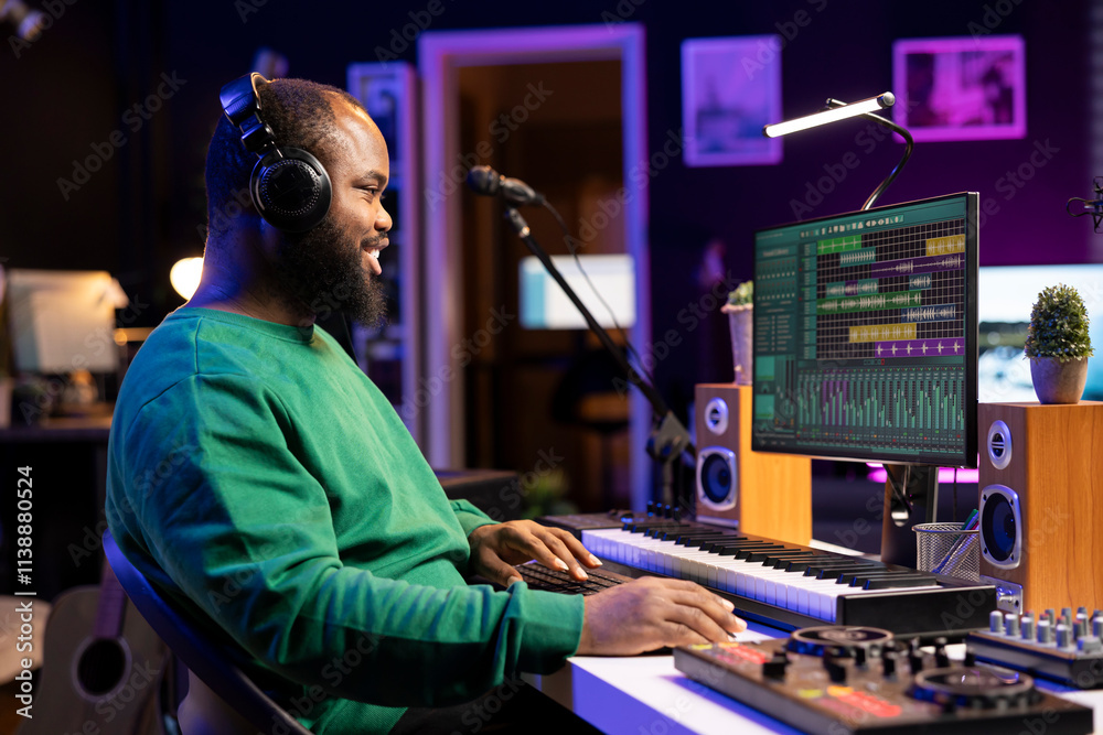 Poster music producer editing old audio recordings on professional software, operating on mixing console an