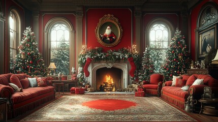 Obraz premium A Christmas scene in a grand red room with two decorated trees