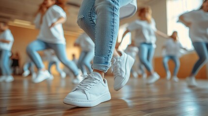 Teens practicing intricate footwork and body isolations in a street dance workshop. Beauty, health, professionalism, team