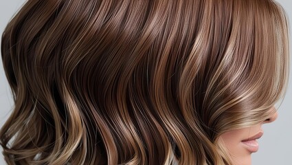 Fototapeta premium Lush short women's haircut in shades of chocolate, coffee color, profile view, mocha mousse fashion banner