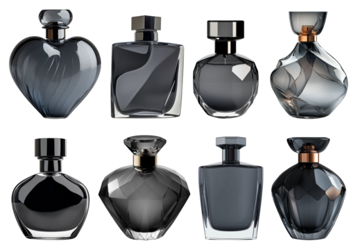Set collection of simple and extravagant glass perfume bottle in dark black  tinted transparent design with clear liquid. FIlled fragrance mock up with copy space as design pattern. - Powered by Adobe