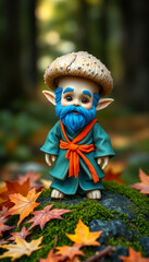 A whimsical mushroom-like character wearing a hat and holding a glowing lantern stands amidst colorful autumn leaves in an enchanting forest.