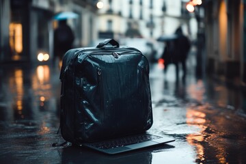 Obraz premium Wet backpack, laptop, rainy street, city lights.