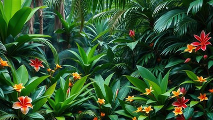 Fototapeta premium Vibrant and lush greenery in a tropical rainforest setting, with a variety of colorful flowers and plants, lush, flowers, vibrant