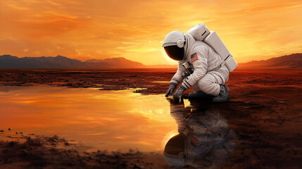 An astronaut in a pristine white spacesuit kneels near a reflective pool of water on the dusty red terrain of Mars, with distant mountains and a glowing orange sky in the backgroun