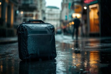 Obraz premium Wet bag sits on rain-slicked city street.