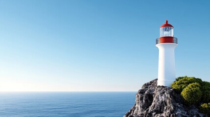 Fototapeta premium A lighthouse on a rocky outcrop beside a calm ocean.