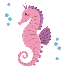 Fototapeta premium Cute cartoon sea horse in flat style isolated on white background. Cheerful small marine bony fish.