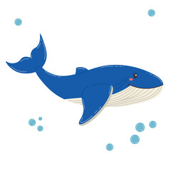 Cute cartoon happy big blue whale in flat style isolated on white background. Cheerful wild ocean animal.