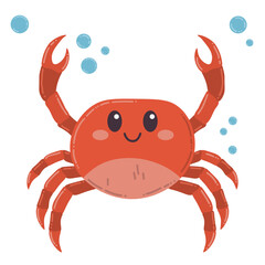 Cute cartoon happy red sea crab in flat style isolated on white background. Cheerful wild ocean animal.