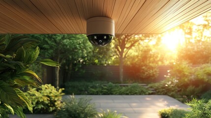 A security camera mounted under a wooden ceiling in a lush garden setting.