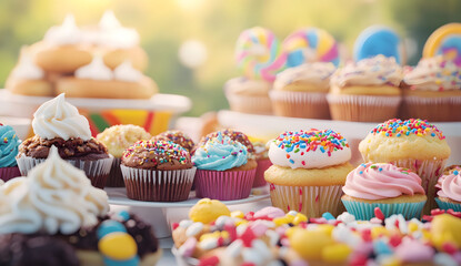 8K real photo of a colorful fundraiser bake sale table featuring a variety of delicious homemade treats, including cookies, cupcakes, brownies, muffins, pastries, and cakes, with a blurred background