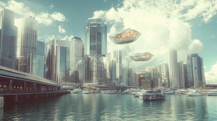 Obraz premium Futuristic city harbor with flying vehicles.