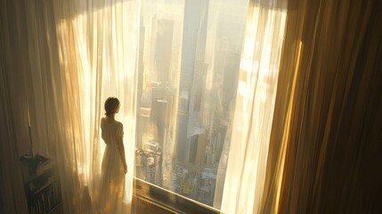 Fototapeta premium A figure gazes out a window draped in soft curtains, overlooking a cityscape at sunset.