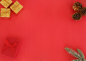 red New Year background, with gifts and Christmas tree.
New Year's card