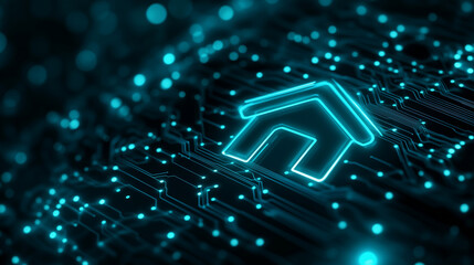 Fototapeta premium A shield with a metallic texture and glowing circuitry encloses a house icon that emits radiant blue and green lights, representing cyber-secure living.
