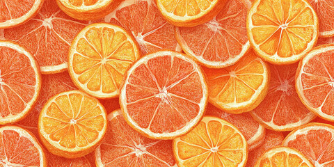 Obraz premium Fresh juicy orange slices seamless pattern with vibrant citrus fruit texture for summer themes, healthy food concepts, kitchen decor, digital wallpaper, and refreshing design backgrounds
