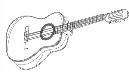Guitar Outline, Line Art Illustration for Music Coloring Book, Isolated on White Background