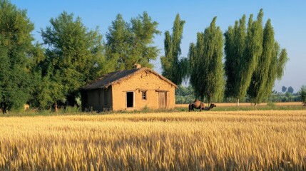 A serene rural scene featuring a thatched house and a horse near a golden wheat field.