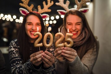 Two beautiful happy women celebrating new year 2025 with golden candles