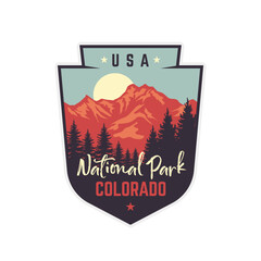 Rocky mountain national park colorado with mountain and tree view Patch badge emblemb logo vector illustration