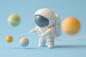 Naklejka premium A Little Astronaut's Planetary Playtime Exploring the Cosmos with Colorful Mini Planets