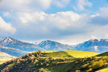 Swiss landscape theme background with green fields and beautiful sky
