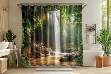 Jungle waterfall shower curtain, serene bathroom setting.