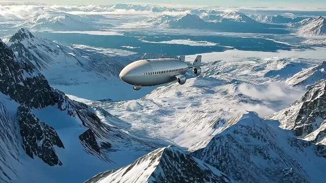 An airship soars gracefully above a stunning expanse of snow-covered mountains. The vast landscape features rugged peaks and a serene, icy environment that captivates the viewer