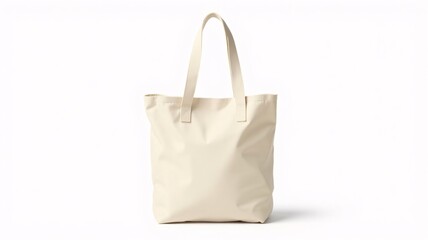 Cream-colored canvas tote bag with standard handles, standing against a clean white studio background. Soft lighting highlights the canvas texture, perfect for branding and product mockups.
