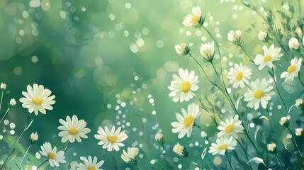 Vibrant yellow daisy blooms amidst delicate white buds, set against a blurred emerald green backdrop, evoking serene springtime beauty. Blooming. Illustration