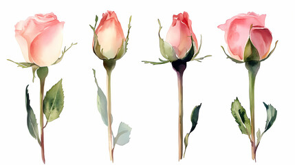 Watercolor painting of four pink roses in different stages of bloom, isolated on white background. Blooming. Illustration