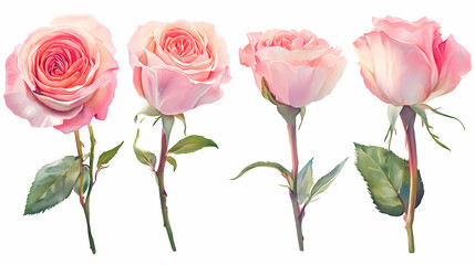 Watercolor painting of four pink roses in different stages of bloom, isolated on white background. Blooming. Illustration