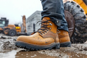Muddy tan boots, construction site, rain.