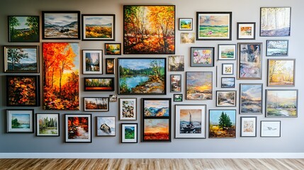A vibrant gallery wall filled with framed landscape paintings showcasing seasonal beauty.